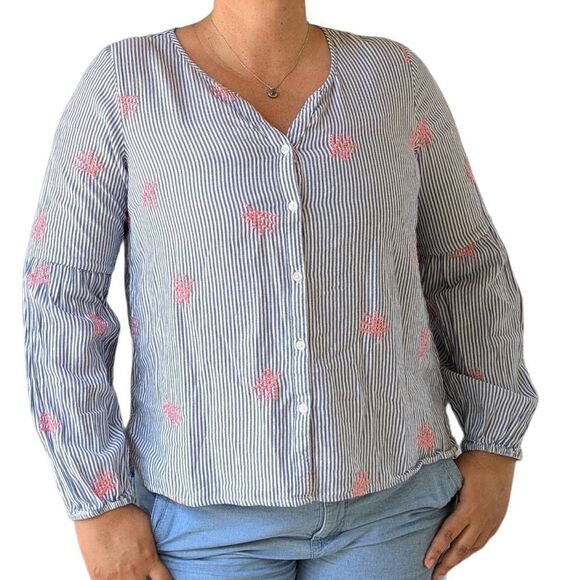 Crown & Ivy Light Blue White Striped Button Down Blouse Coral Embroidered Size M - Picture 1 of 6